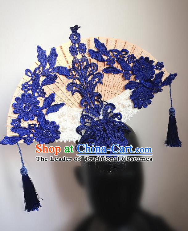 Top Grade Chinese Theatrical Headdress Ornamental Asian Headpiece Blue Flowers Floral, Halloween Fancy Ball Ceremonial Occasions Handmade Manchu Headwear for Women