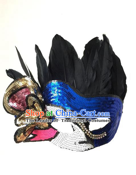 Top Grade Chinese Theatrical Headdress Traditional Ornamental Feather Mask, Brazilian Carnival Halloween Occasions Handmade Vintage Paillette Mask for Men