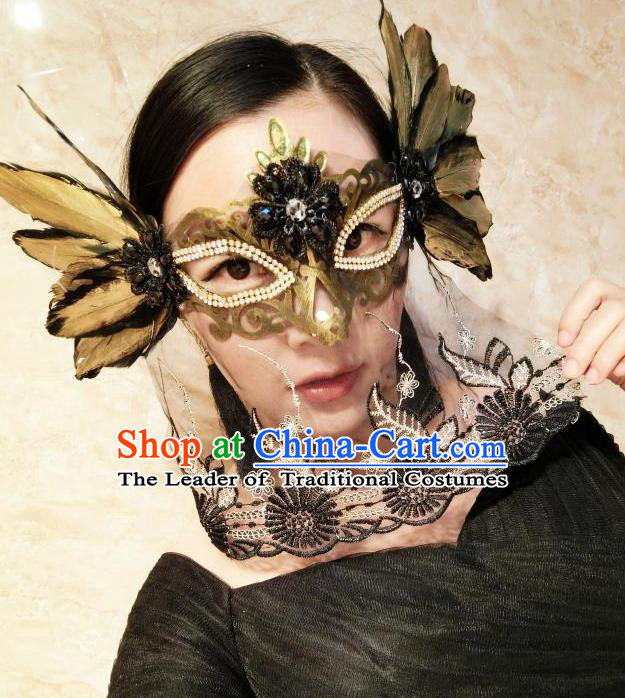 Top Grade Chinese Theatrical Headdress Traditional Ornamental Feather Veil Mask, Brazilian Carnival Halloween Occasions Handmade Bride Black Mask for Women