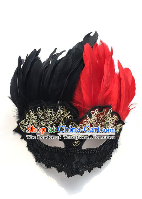 Top Grade Chinese Theatrical Headdress Traditional Ornamental Feather Mask, Brazilian Carnival Halloween Occasions Handmade Vintage Black Mask for Men