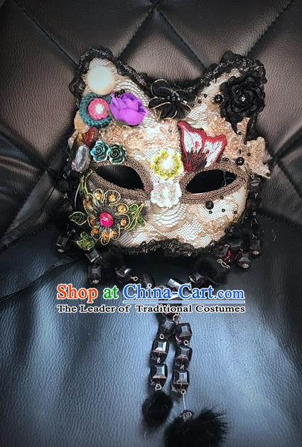 Top Grade Chinese Theatrical Headdress Ornamental Masquerade Lace Mask, Brazilian Carnival Halloween Occasions Handmade Miami Debutante Crystal Cat Mask for Women