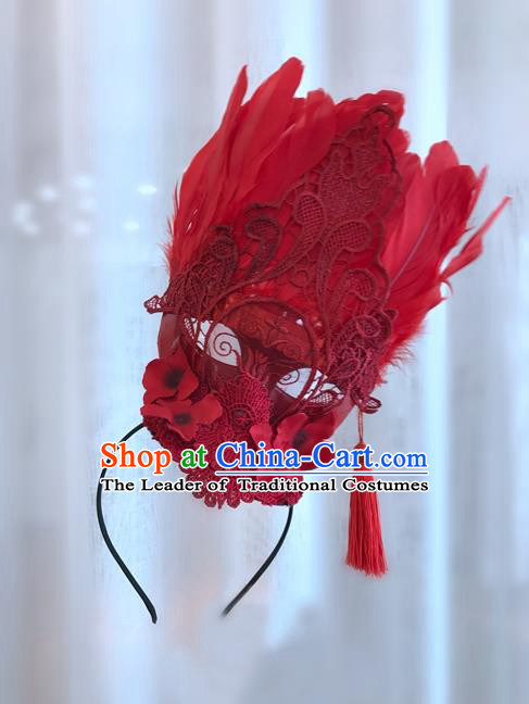 Top Grade Chinese Theatrical Headdress Ornamental Masquerade Red Feather Hair Accessories, Brazilian Carnival Halloween Occasions Handmade Miami Lace Headwear for Women