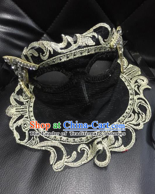 Top Grade Chinese Theatrical Headdress Ornamental Masquerade Black Cat Mask, Brazilian Carnival Halloween Occasions Handmade Miami Lace Veil Mask for Women