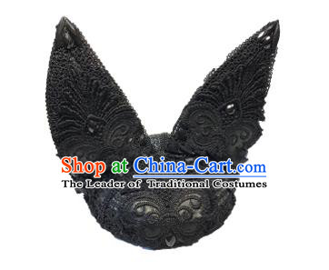 Top Grade Asian Headpiece Headdress Ornamental Cat Ears Hair Accessories, Brazilian Carnival Halloween Occasions Handmade Miami Black Lace Hat for Women