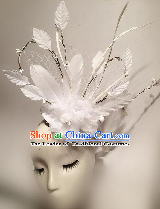 Top Grade Asian Headpiece Headdress Ornamental White Veil Headwear, Brazilian Carnival Halloween Occasions Handmade Miami Feather Hair Clasp for Women