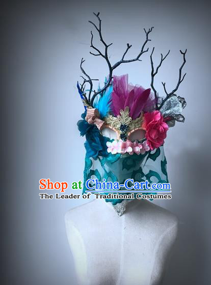 Top Grade Deluxe Baroque Headdress Accessories Flowers Mask, Halloween Brazilian Carnival Occasions Model Show Handmade Feather Mask for Women