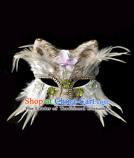 Top Grade Deluxe Baroque Headdress Crystal Cat Mask, Halloween Brazilian Carnival Occasions Model Show Handmade Feather Mask for Women