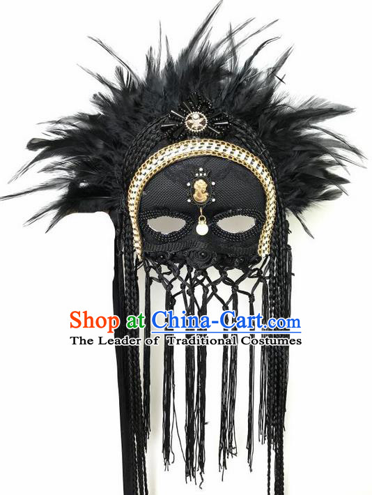 Top Grade Asian Headpiece Headdress Ornamental Cosplay Feather Mask, Brazilian Carnival Halloween Occasions Handmade Miami Vintage Black Tassel Mask for Women