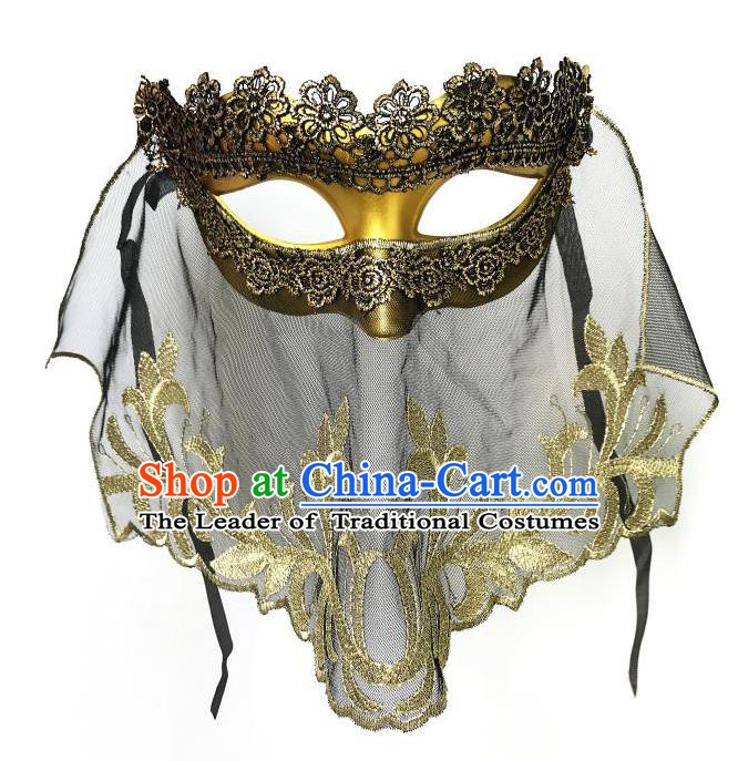 Top Grade Asian Headpiece Headdress Ornamental Cosplay Golden Mask, Brazilian Carnival Halloween Occasions Handmade Miami Vintage Lace Mask for Women