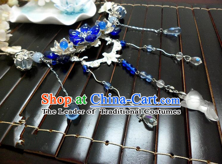 Top Grade Handmade Traditional China Handmade Jewelry Accessories Blue Crystal Necklace, Ancient Chinese Princess Conophytum Pucillum Tassel Collar for Women