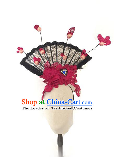 Top Grade Asian China Fan Hair Accessories, Traditional China Manchu Princess Flowers Floral Headdress Occasions Handmade Rosy Lace Headwear for Women