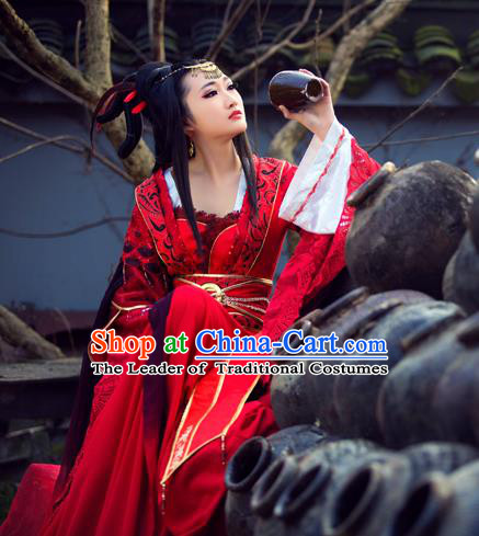 Traditional Ancient Chinese Swordswoman Fairy Dance Costume, Chinese Tang Dynasty Imperial Princess Wedding Dress Hanfu Embroidered Red Clothing for Women