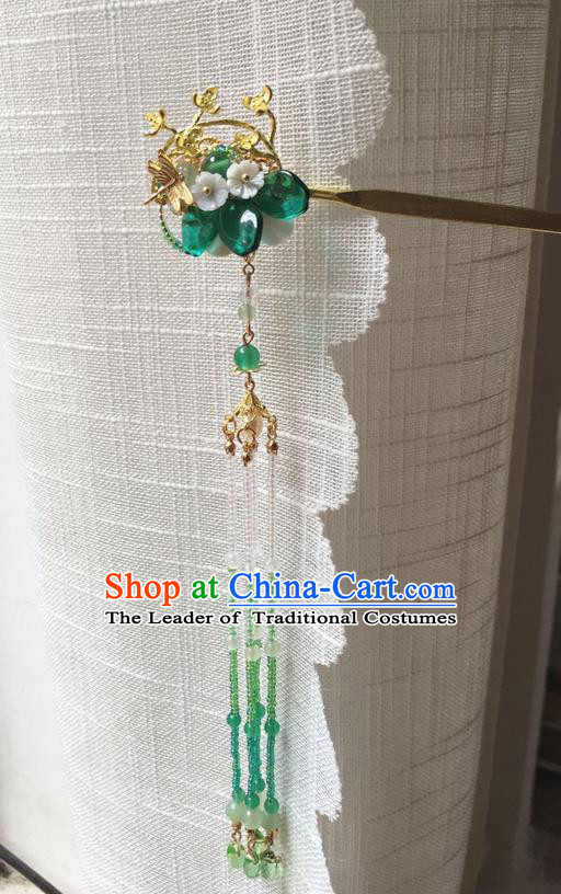 Asian Chinese Traditional Headdress Green Agate Hair Accessories Hairpins, China Ancient Handmade Bride Hanfu Tassel Step Shake Headwear for Women