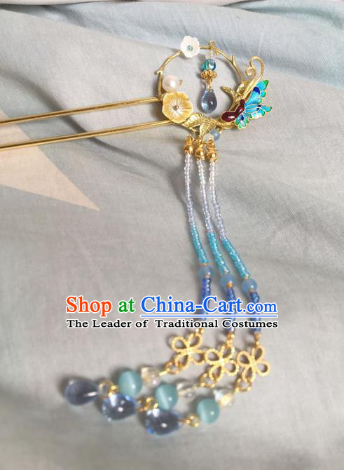 Asian Chinese Traditional Headdress Cloisonne Butterfly Hair Accessories Hairpins, China Ancient Handmade Bride Hanfu Tassel Step Shake Headwear for Women