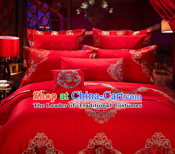 Traditional Asian Chinese Style Wedding Article Palace Lace Qulit Cover Bedding Sheet Complete Set, Embroidered Good Fortune Satin Drill Ten-piece Duvet Cover Textile Bedding Suit