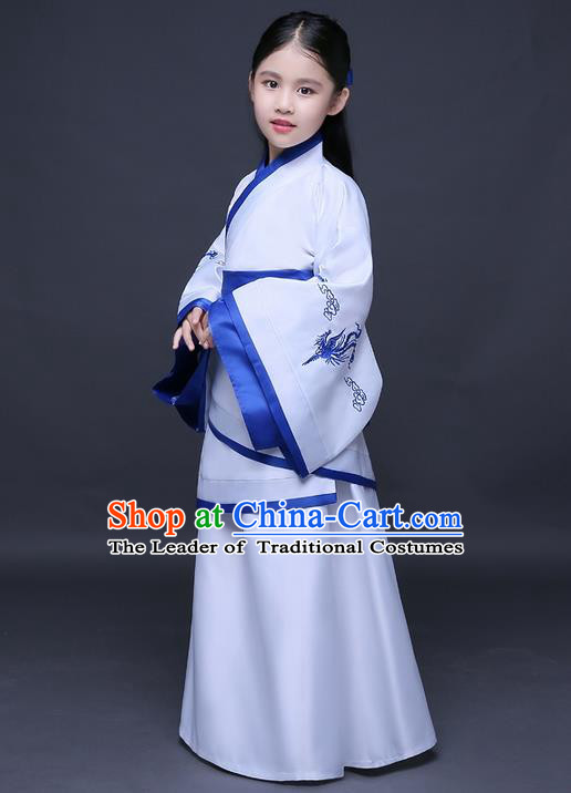 Traditional Ancient Chinese Imperial Princess Printing Phoenix Costume, Children Elegant Hanfu Clothing Chinese Han Dynasty White Curve Bottom Dress Clothing for Kids