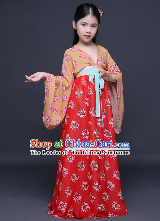 Traditional Ancient Chinese Imperial Princess Fairy Printing Phoenix Costume, Children Elegant Hanfu Clothing Chinese Tang Dynasty Red Ruqun Dress Clothing for Kids