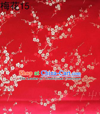 Asian Chinese Traditional Embroidery White Plum Blossom Red Silk Fabric, Top Grade Brocade Embroidered Tang Suit Hanfu Dress Fabric Cheongsam Material