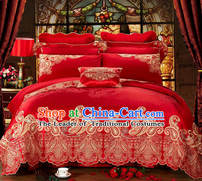 Traditional Asian Chinese Style Wedding Article Embroidery Bedding Sheet Complete Set, Duvet Cover Red Satin Drill Textile Bedding Ten-piece Suit