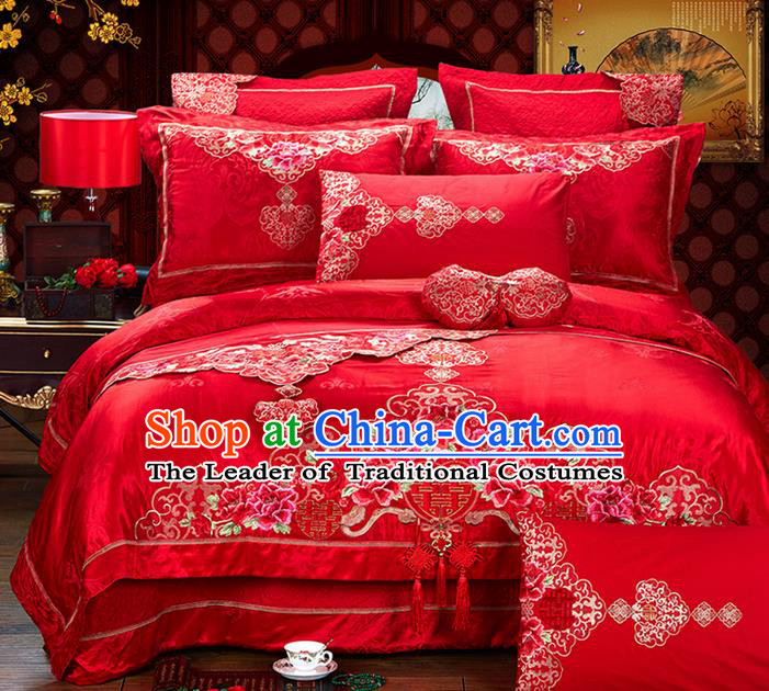 Traditional Asian Chinese Style Wedding Article Jacquard Weave Bedding Sheet Complete Set, Embroidery Peony Red Eight-piece Duvet Cover Satin Drill Textile Bedding Suit