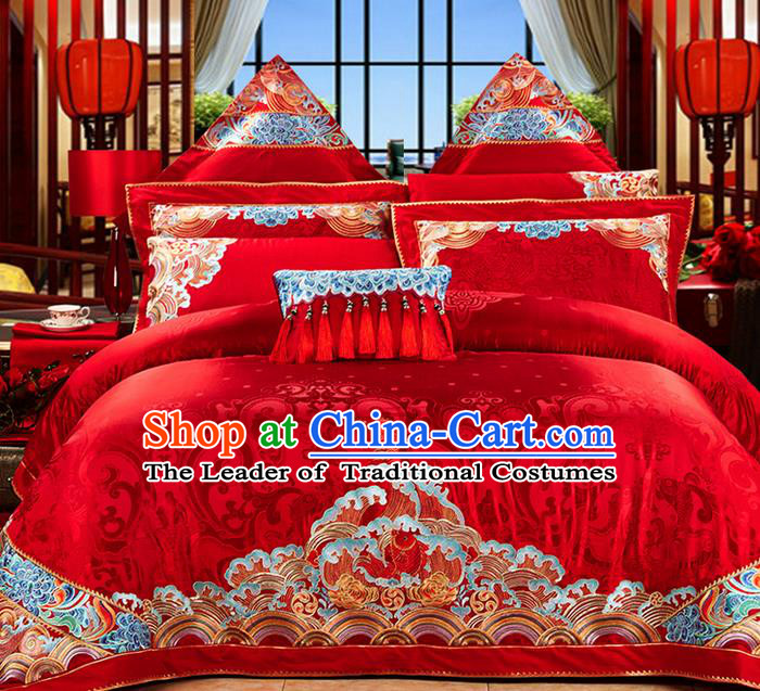 Traditional Asian Chinese Style Wedding Article Bedding Red Sheet Complete Set, Embroidery Dragon and Phoenix Eleven-piece Duvet Cover Satin Drill Textile Bedding Suit