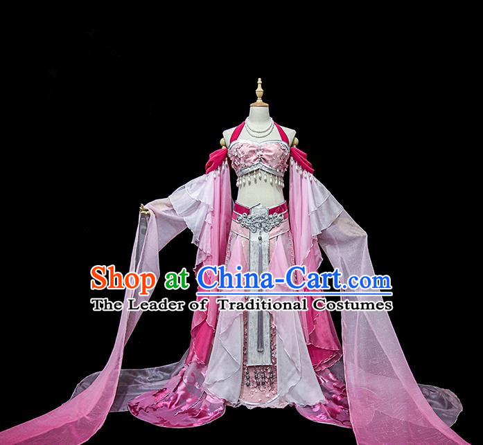 Traditional Ancient Chinese Palace Lady Embroidered Dance Costume, Chinese Tang Dynasty Princess Pink Water Sleeve Dress Hanfu Clothing for Women