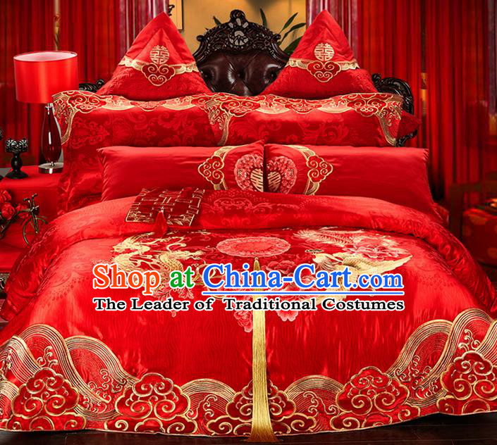 Traditional Asian Chinese Style Wedding Article Bedding Peking Opera Sheet Complete Set, Embroidery Dragon and Phoenix Twelve-piece Duvet Cover Satin Drill Textile Bedding Suit