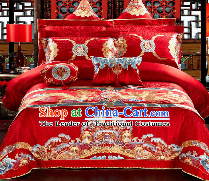 Traditional Asian Chinese Style Wedding Article Bedding Peking Opera Sheet Complete Set, Embroidery Dragon and Phoenix Twelve-piece Duvet Cover Satin Drill Textile Bedding Suit