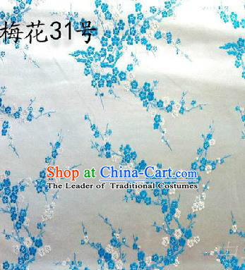 Asian Chinese Traditional Embroidery Blue Plum Blossom White Silk Fabric, Top Grade Brocade Embroidered Tang Suit Hanfu Dress Fabric Cheongsam Cloth Material