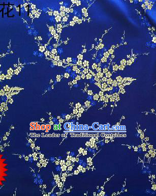 Asian Chinese Traditional Embroidery White Plum Blossom Royalblue Silk Fabric, Top Grade Brocade Embroidered Tang Suit Hanfu Dress Fabric Cheongsam Cloth Material