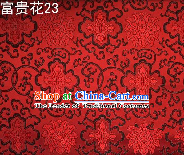 Asian Chinese Traditional Riches and Honour Flowers Red Embroidered Silk Fabric, Top Grade Arhat Bed Brocade Satin Tang Suit Hanfu Dress Fabric Cheongsam Cloth Material