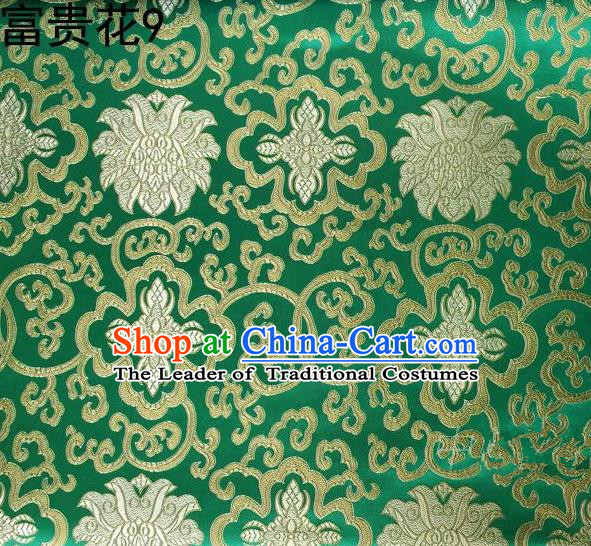 Asian Chinese Traditional Golden Riches and Honour Flowers Embroidered Green Silk Fabric, Top Grade Arhat Bed Brocade Satin Tang Suit Hanfu Dress Fabric Cheongsam Cloth Material