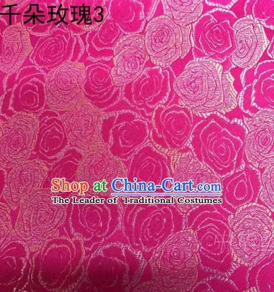 Asian Chinese Traditional Jacquard Weave Rose Flowers Rosy Satin Mulberry Silk Fabric, Top Grade Brocade Tang Suit Hanfu Princess Dress Fabric Cheongsam Cloth Material