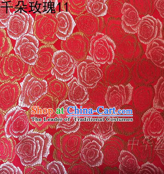 Asian Chinese Traditional Jacquard Weave Rose Flowers Red Satin Mulberry Silk Fabric, Top Grade Brocade Tang Suit Hanfu Princess Dress Fabric Cheongsam Cloth Material