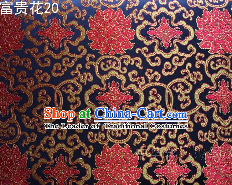 Asian Chinese Traditional Red Riches and Honour Flowers Embroidered Navy Silk Fabric, Top Grade Arhat Bed Brocade Satin Tang Suit Hanfu Dress Fabric Cheongsam Cloth Material