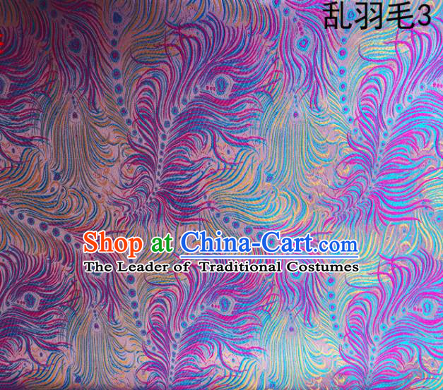 Asian Chinese Traditional Printing Feather Purple Silk Fabric, Top Grade Arhat Bed Brocade Tang Suit Hanfu Dress Fabric Cheongsam Cloth Material