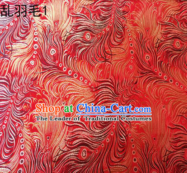 Asian Chinese Traditional Printing Feather Red Silk Fabric, Top Grade Arhat Bed Brocade Tang Suit Hanfu Dress Fabric Cheongsam Cloth Material