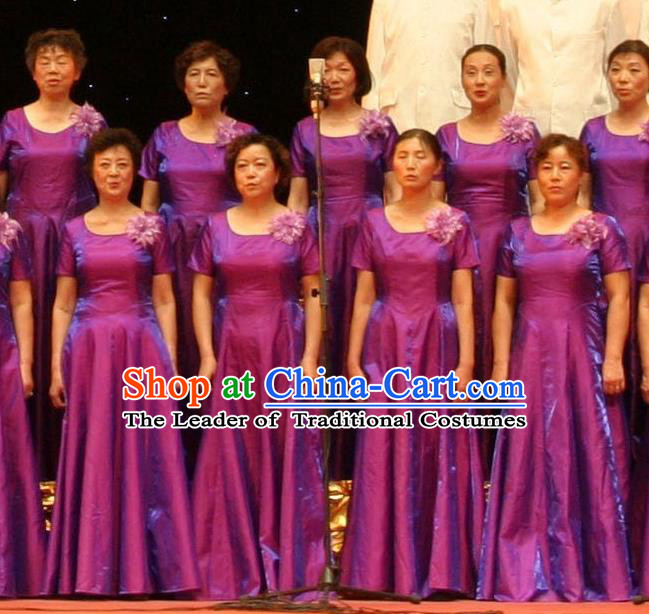 Chinese Classic Stage Performance Dance Costumes, Opening Dance Chorus Classic Purple Dress for Women