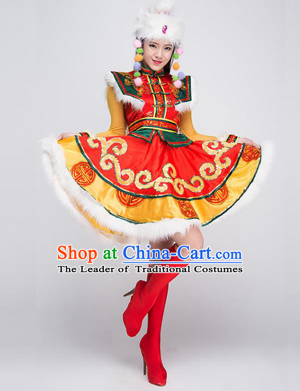 Traditional Chinese Mongol Nationality Dancing Costume, Mongols Female Folk Dance Ethnic Pleated Skirt, Chinese Mongolian Minority Nationality Embroidery Dress for Women