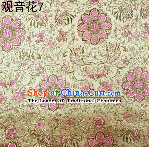 Asian Chinese Traditional Embroidering Avalokitesvara Flowers Thangka Satin Golden Silk Fabric, Top Grade Brocade Tang Suit Hanfu Full Dress Fabric Cheongsam Cloth Material