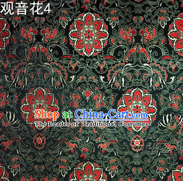 Asian Chinese Traditional Embroidering Avalokitesvara Flowers Thangka Satin Deep Green Silk Fabric, Top Grade Brocade Tang Suit Hanfu Full Dress Fabric Cheongsam Cloth Material