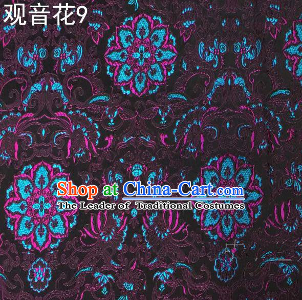 Asian Chinese Traditional Embroidering Avalokitesvara Flowers Thangka Satin Purple Silk Fabric, Top Grade Brocade Tang Suit Hanfu Full Dress Fabric Cheongsam Cloth Material