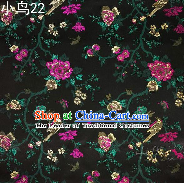 Asian Chinese Traditional Embroidery Magpie Peony Satin Black Silk Fabric, Top Grade Brocade Tang Suit Hanfu Full Dress Fabric Cheongsam Cloth Material