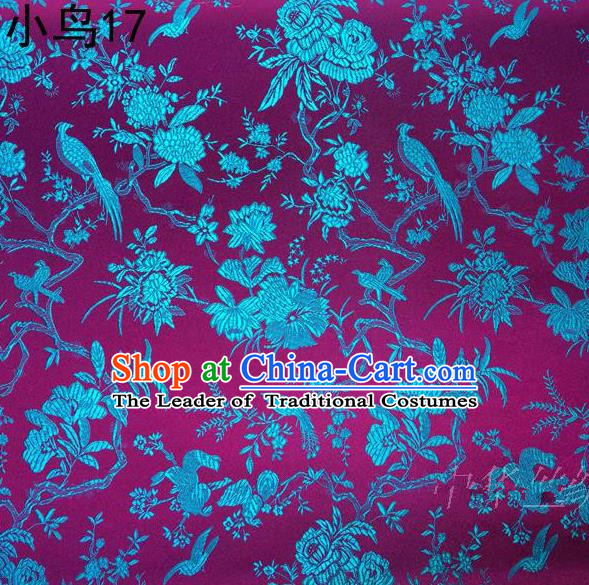 Asian Chinese Traditional Embroidery Blue Magpie Peony Satin Rosy Silk Fabric, Top Grade Brocade Tang Suit Hanfu Full Dress Fabric Cheongsam Cloth Material