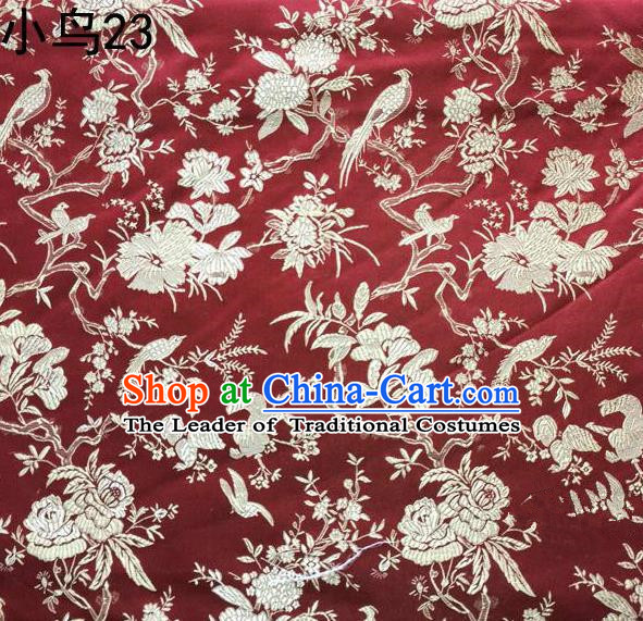 Asian Chinese Traditional Embroidery Golden Magpie Peony Satin Wine Red Silk Fabric, Top Grade Brocade Tang Suit Hanfu Full Dress Fabric Cheongsam Cloth Material