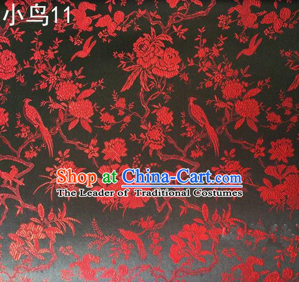 Asian Chinese Traditional Embroidery Red Magpie Peony Satin Black Silk Fabric, Top Grade Brocade Tang Suit Hanfu Full Dress Fabric Cheongsam Cloth Material