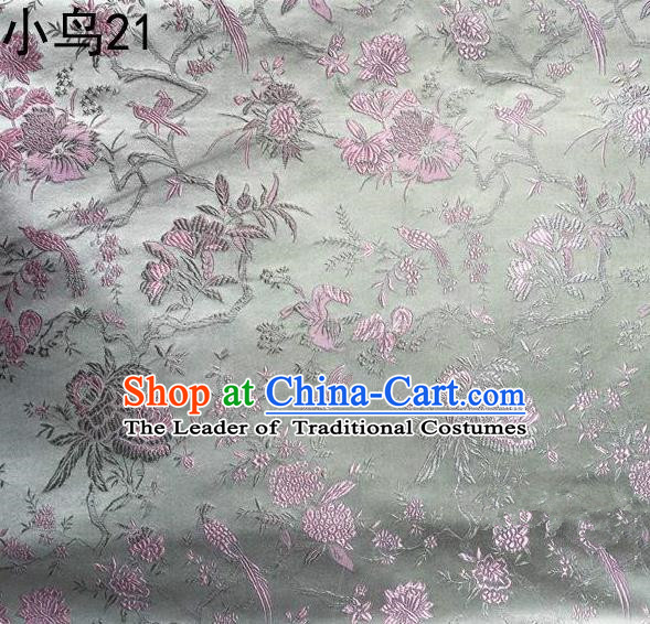 Asian Chinese Traditional Embroidery Pink Magpie Peony Satin Sliver Silk Fabric, Top Grade Brocade Tang Suit Hanfu Full Dress Fabric Cheongsam Cloth Material