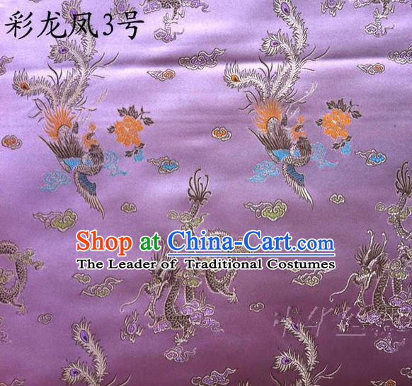 Asian Chinese Traditional Embroidery Dragon and Phoenix Bringing Prosperity Purple Satin Silk Fabric, Top Grade Tibetan Brocade Tang Suit Hanfu Fabric Cheongsam Cloth Material