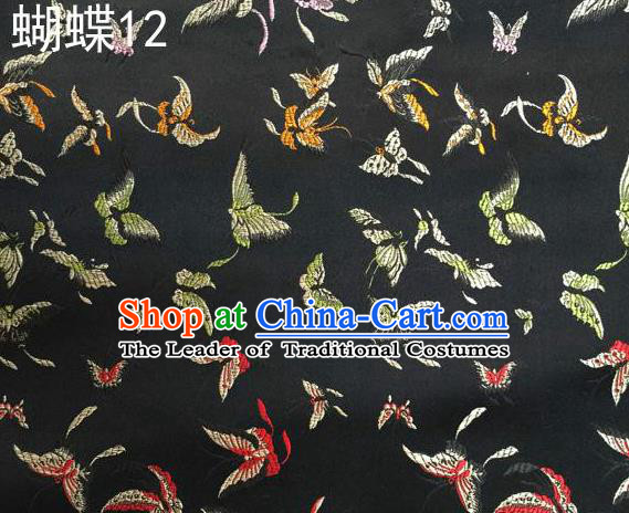 Asian Chinese Traditional Embroidery Butterflies Black Satin Silk Fabric, Top Grade Brocade Tang Suit Hanfu Fabric Cheongsam Cloth Material