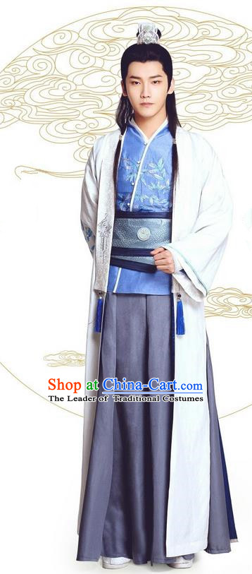 Asian Chinese Northern and Southern Dynasty Royal Highness Costume and Headpiece Complete Set, China Ancient Elegant Hanfu Nobility Childe Embroidered Robes